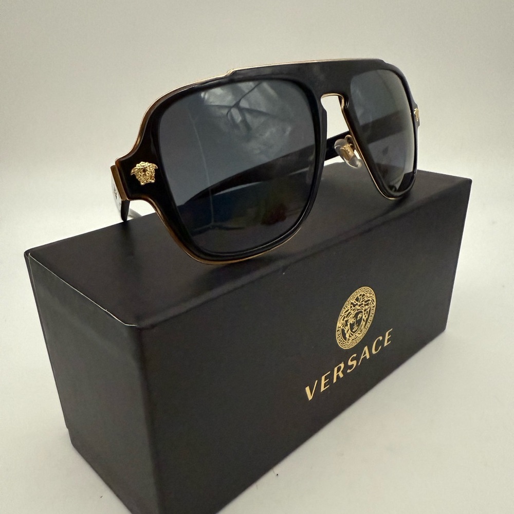 Versace Grey Polarized Lens VE 2199 Medusa Charm Black Gold Square Sunglasses